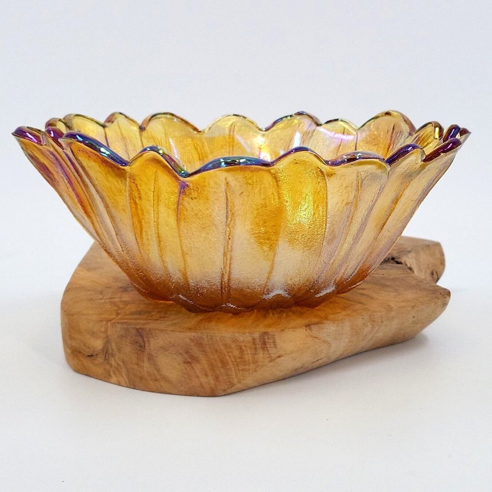 INDIANA GLASS Carnival Glass Amber Iridescent Sunflower Bowl, Lily Pons Marygold